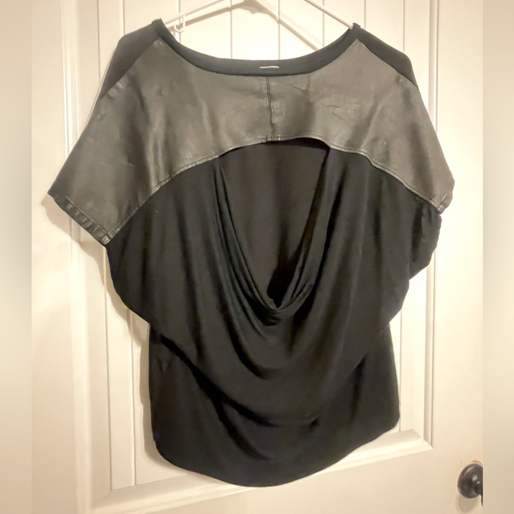 Nicole Miller Artelier Black Silk Drape Back Blouse w/ Leather Trim | Size P